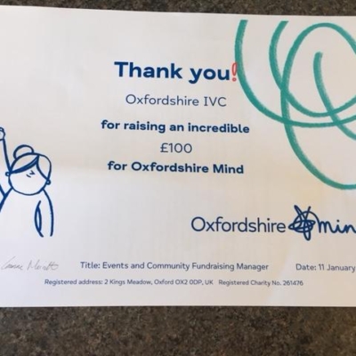 Fundraising certificate for £100 from Oxfordshire Mind